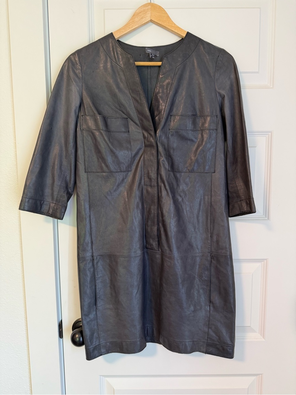 Vince Charcoal Leather Button-up Shift Dress